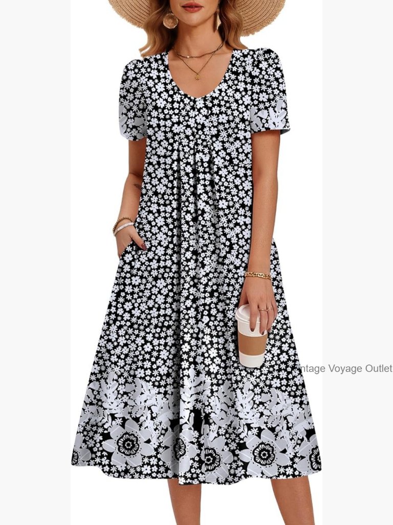 Casual Floral Midi Sundress With Pockets V Neck Pleated Short Sleeve A-Line